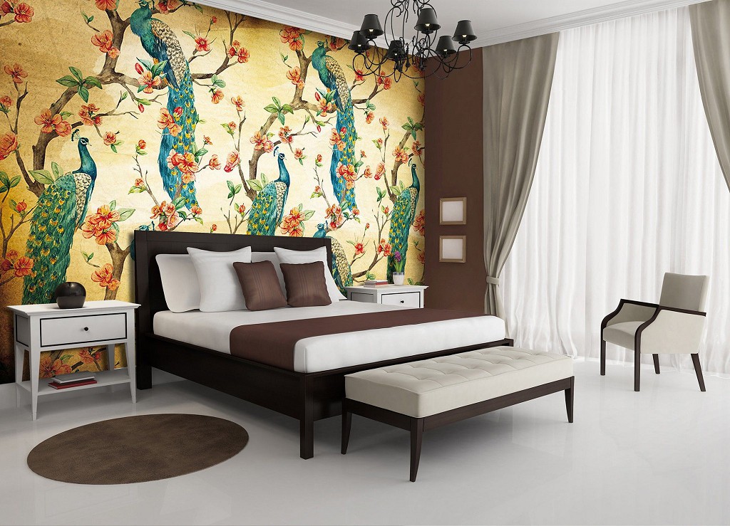 Красивая природа флизелиновые фотообои птицы 416x254 см Павлины в цветах в сепии (3584VEXXXL)+клей