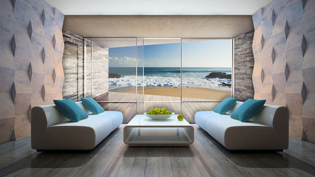 Флізелінові 3д фотошпалери в спальню природа 368x254 см Панорамні вікна з видом на морський пляж (3603V8)+клей