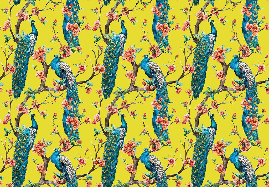 Флізелінові фотошпалери для зали птахи 312x219 см Павичі на гілках на жовтому тлі (3609VEXXL)+клей