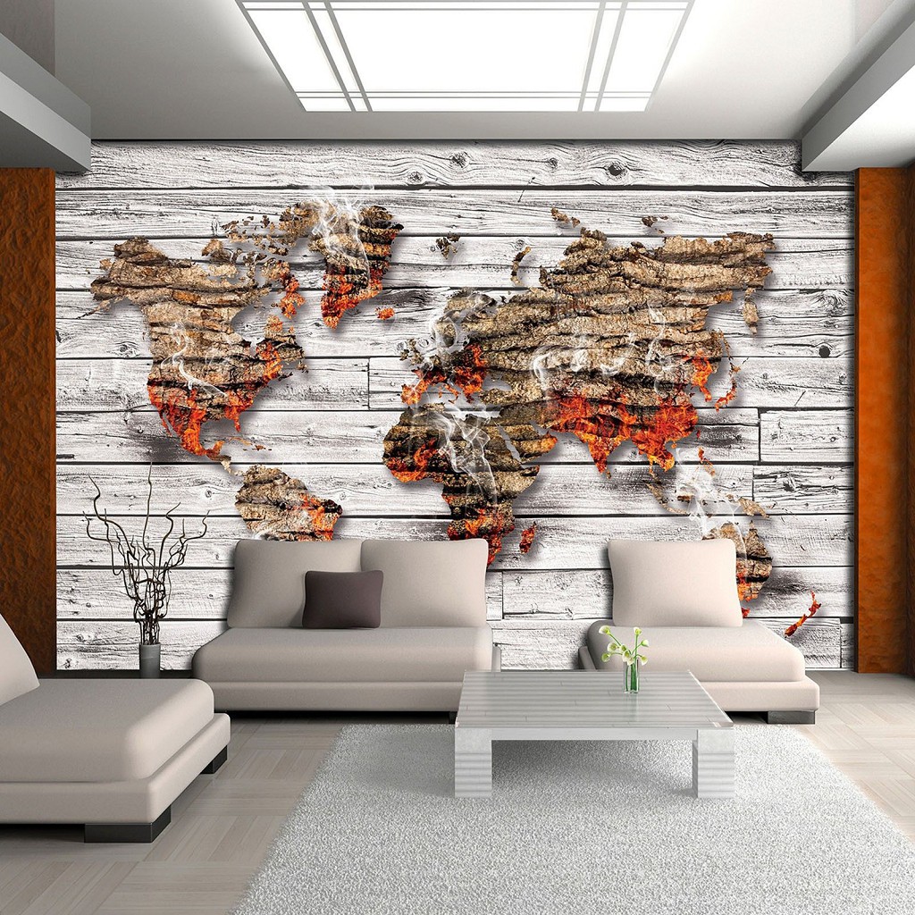 Флізелінові фотошпалери під дерево 254x184 см Карта світу на сірих дошках (3642V4)+клей
