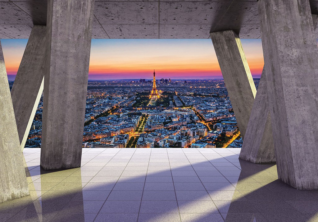 Флизелиновые фотообои на всю стену 416x290 см Вечерний город Париж за 3D бетонными колоннами (3648VEXXXXL)+клей