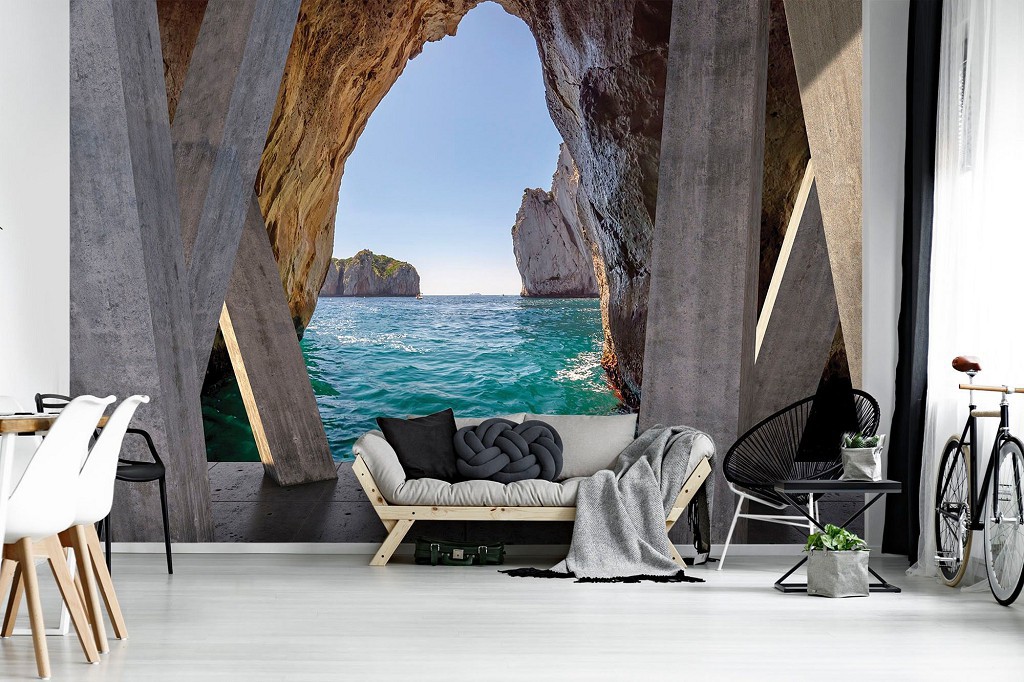 Флизелиновые фотообои Ландшафт Природа Море 368x254 см Океан и скалы за 3D бетонными колоннами (3660V8)+клей