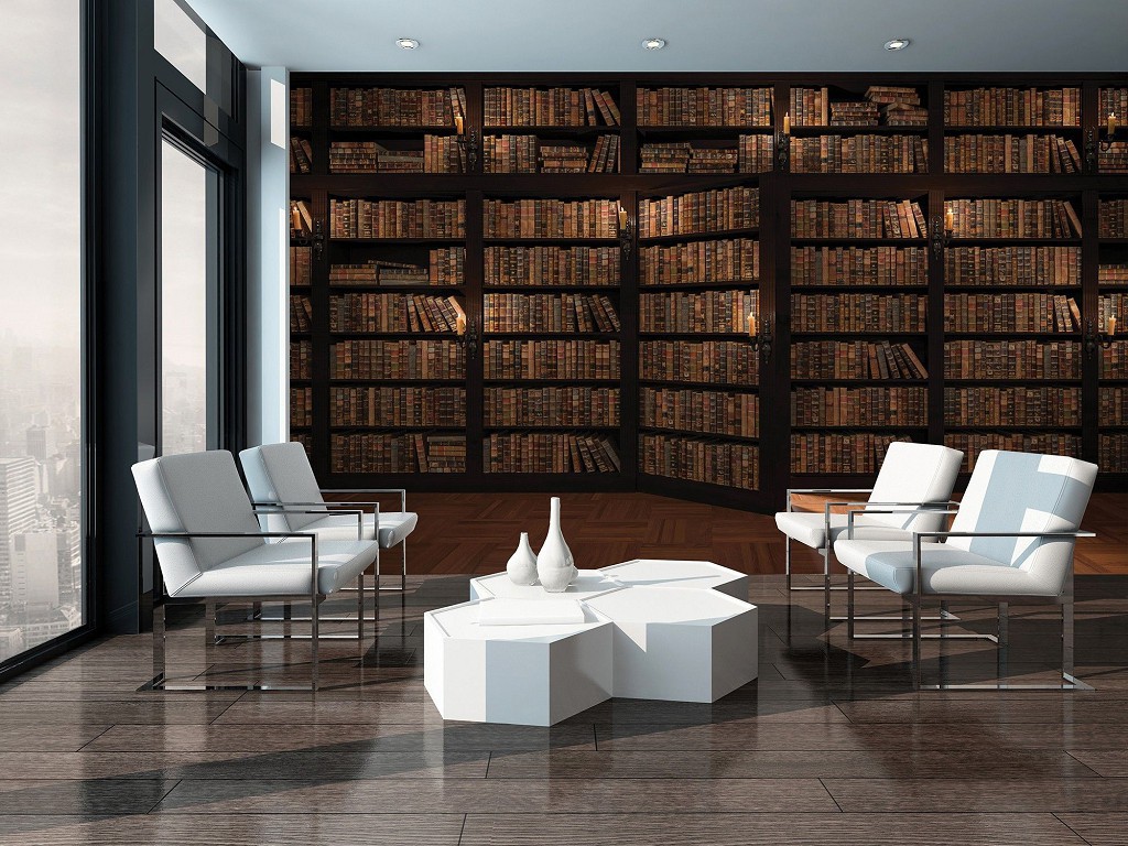 Коричневі флізелінові фотошпалери 254x184 см Бібліотека книжкова шафа (3690V4)+клей