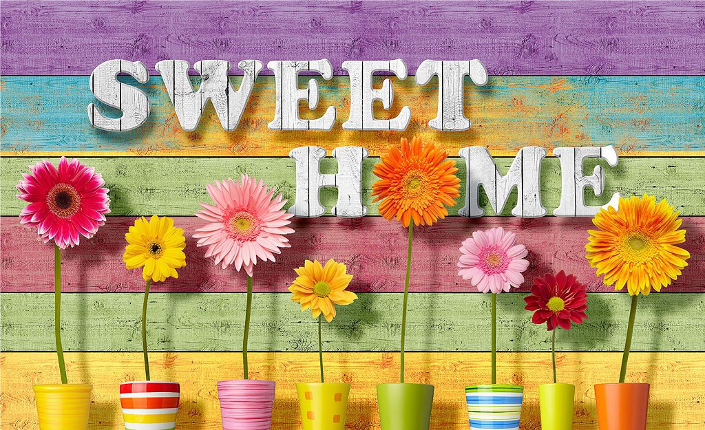 Флизелиновые 3д фотообои в коридор надпись МИЛЫЙ ДОМ 368x254 см Цветы герберы в вазонах на фоне досок (3709V8)+клей