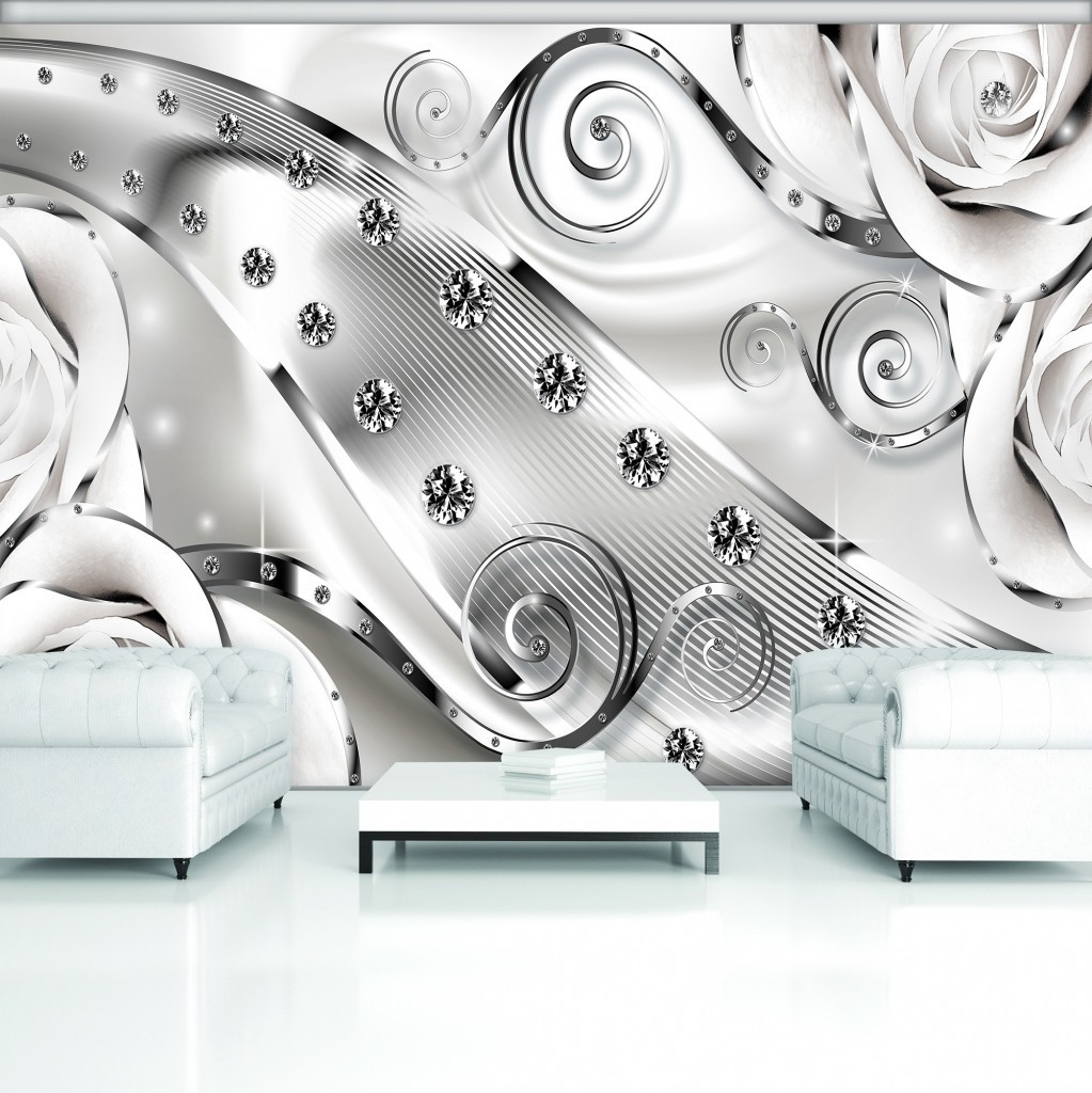 Флизелиновые фотообои 3d цветы абстракция 254x184 см Белые бутоны роз и бриллианты (2613V4)+клей