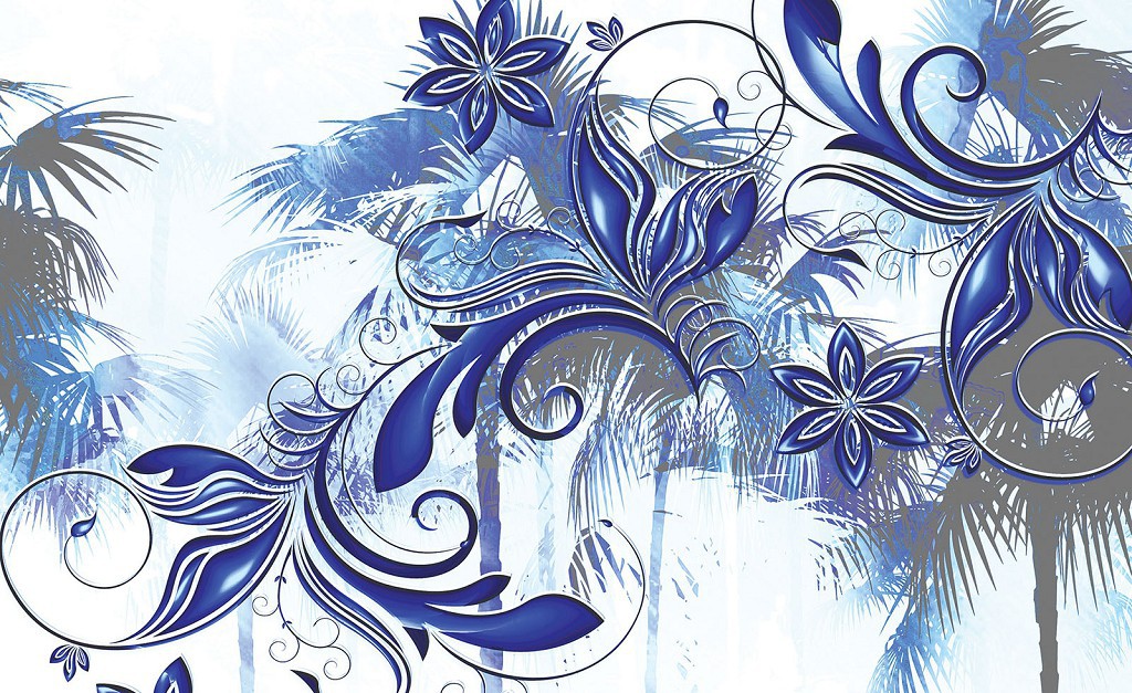 Флизелиновые фотообои в кухне гостиной 254x184 см Синий цветочный узор на фоне пальм (406V4)+клей