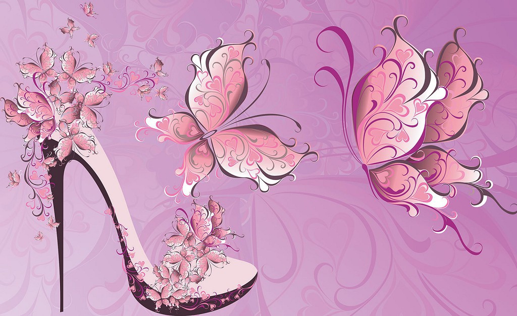 Флизелиновые фотообои для гостиной комнаты фото 416x254 см Туфелька и бабочки на розовом фоне (431VEXXXL)+клей