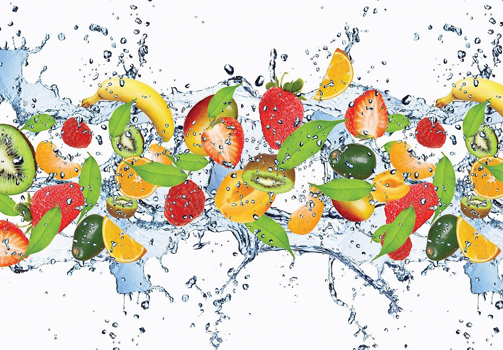Флизелиновые фотообои 3д на кухню 520x318 см Фрукты и ягоды в брызгах воды (510VEXXXXXL)+клей