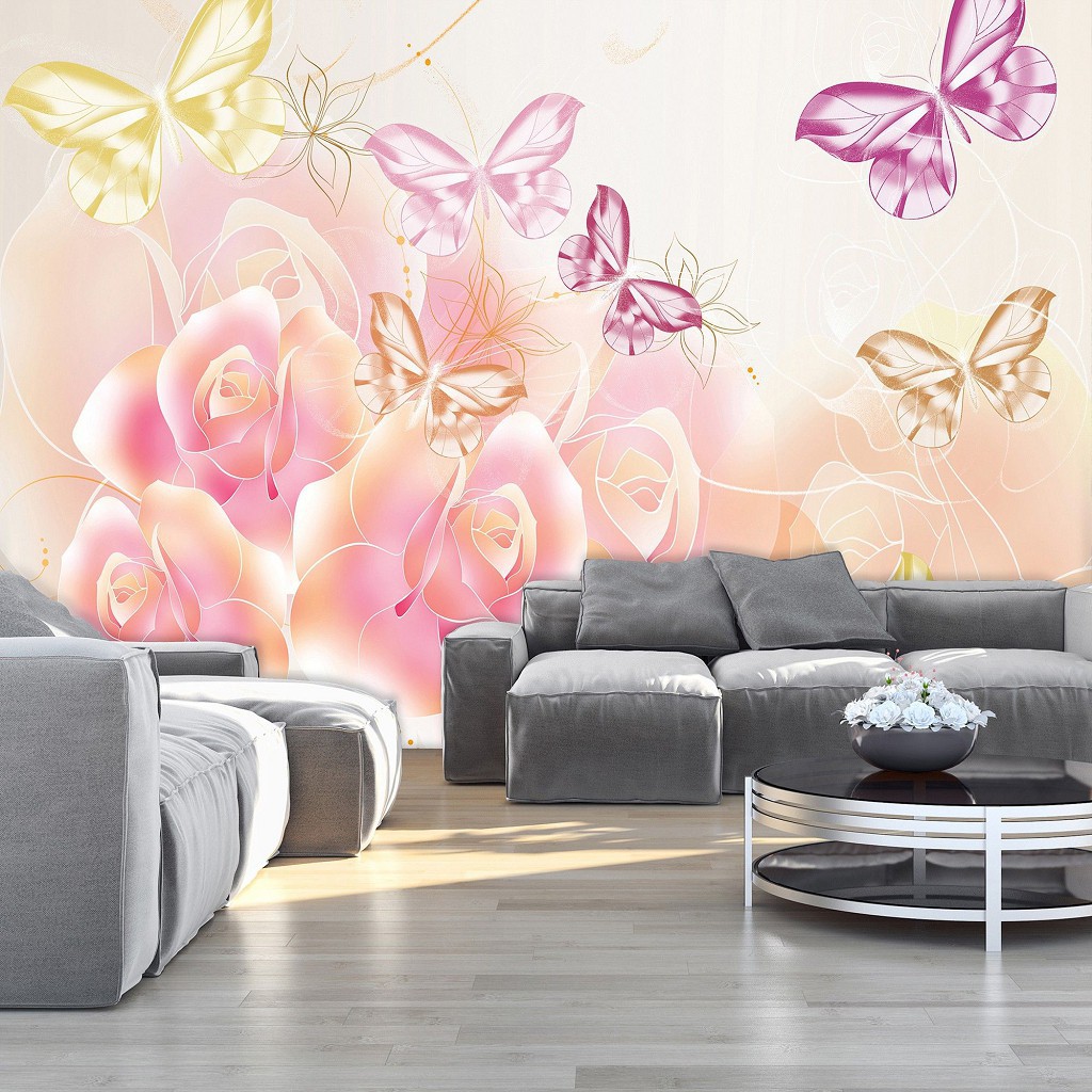 Флизелиновые фотообои на стену в зал цветы 312x219 см Розы и бабочки на светлом фоне (543VEXXL)+клей