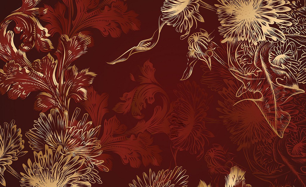 Флизелиновые фотообои спальня 254x184 см Нарисованные цветы на бордовом фоне (559V4)+клей