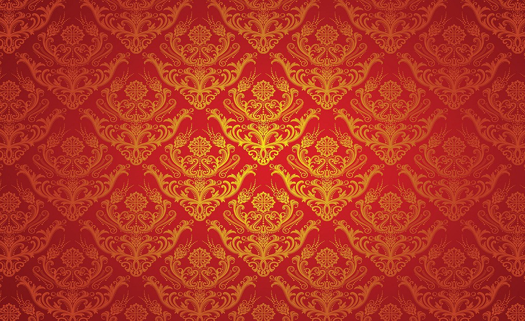 Флизелиновые фотообои в зал 254x184 см Желтый орнамент на красном фоне (561V4)+клей