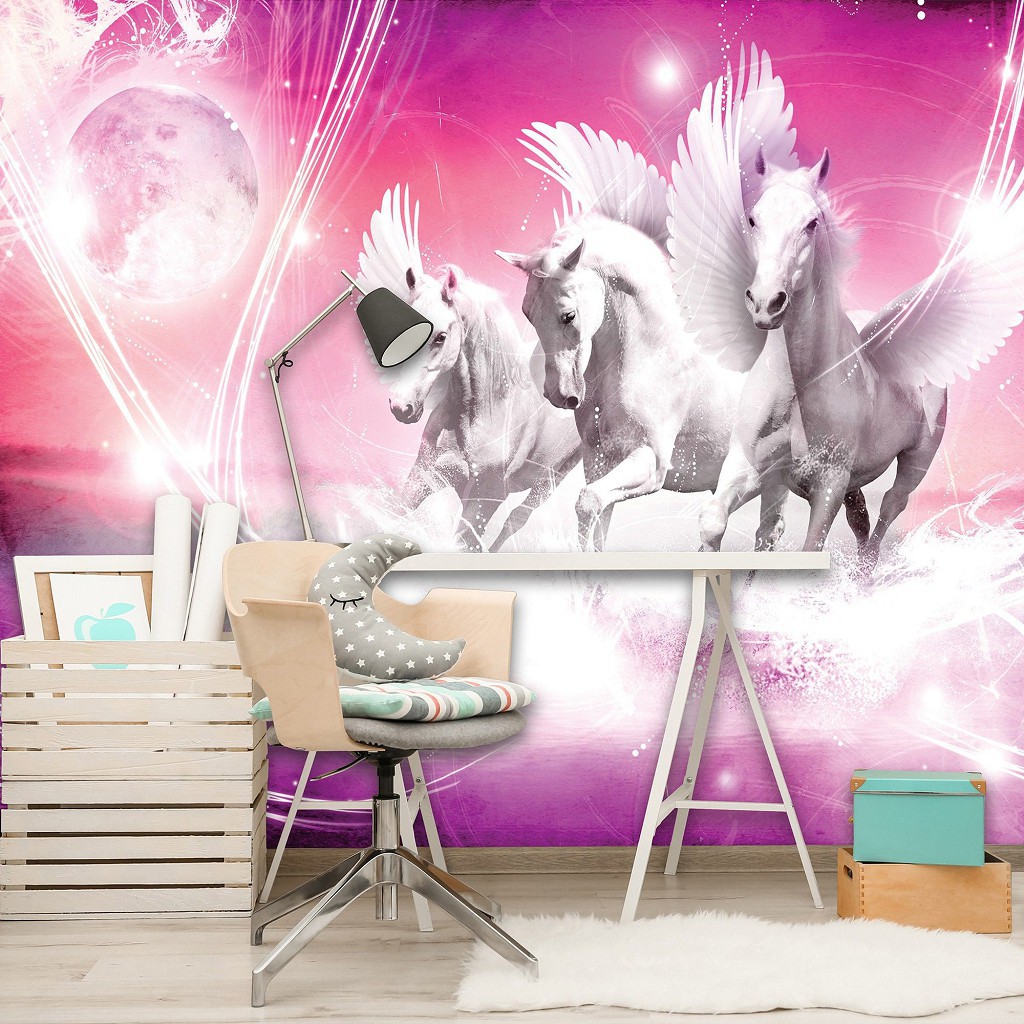 Казкові флізелінові фотошпалери Тварини Коні 416x254 см Білі пегаси на рожевий фон (589VEXXXL)+клей