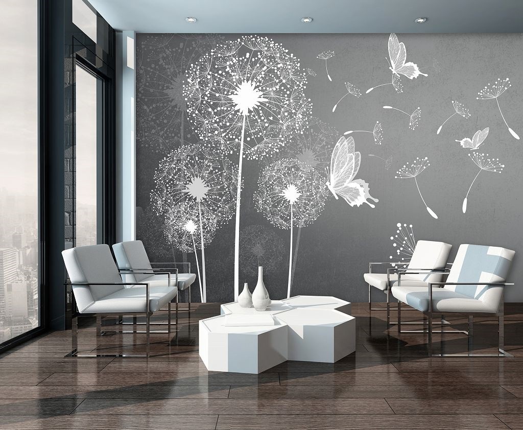 Флизелиновые фотообои одуванчик на ветру 416x254 см Белые бабочки и цветы на сером фоне (3712VEXXXL)+клей