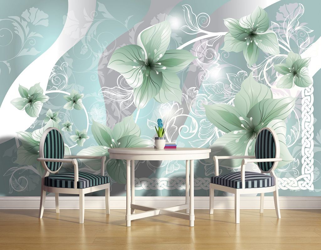 Світлі флізелінові фотошпалери 416x254 см Зелені квіти на білих стеблах (1239VEXXXL)+клей