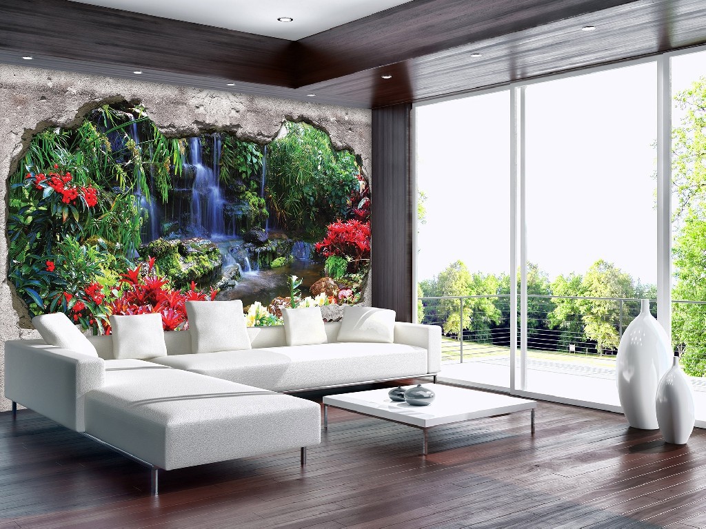 Флізелінові фотошпалери 312x219 см 3Д Водоспад у джунглях за бетонною стіною (2242VEXXL)+клей