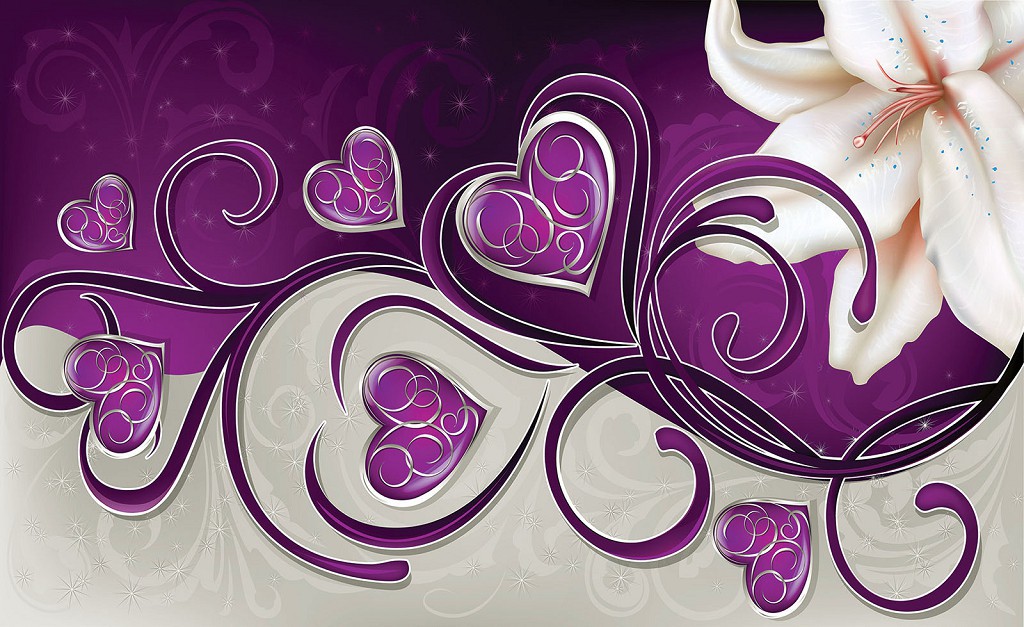 Флізелінові фотошпалери у вітальню квіти 312x219 см Біла лілія та фіолетові серця (703VEXXL)+клей