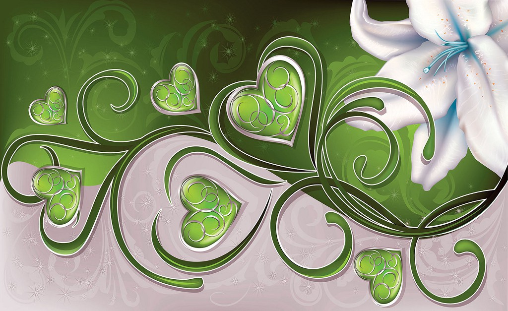 Флізелінові фотошпалери до спальні над ліжком квіти 368x254 см Біла лілія та зелені серця (705V8)+клей