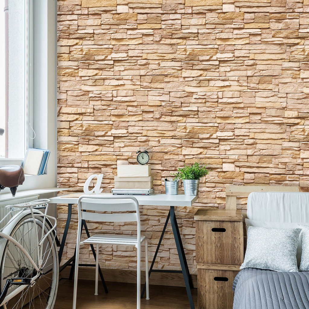 Флизелиновые фотообои кирпичиком 368x280 см Стена из декоративного светло-коричневого камня (761V10) +клей