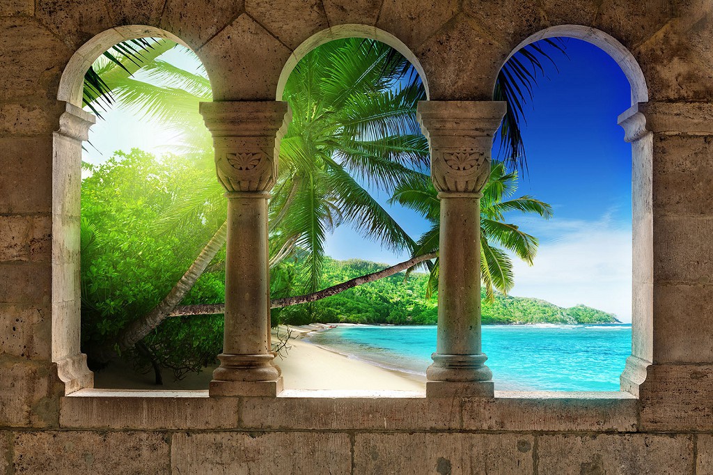 3d флизелиновые фотообои в зал Природа Море Пейзаж 416x254 см Тропический пляж за тремя арками (772VEXXXL)+клей