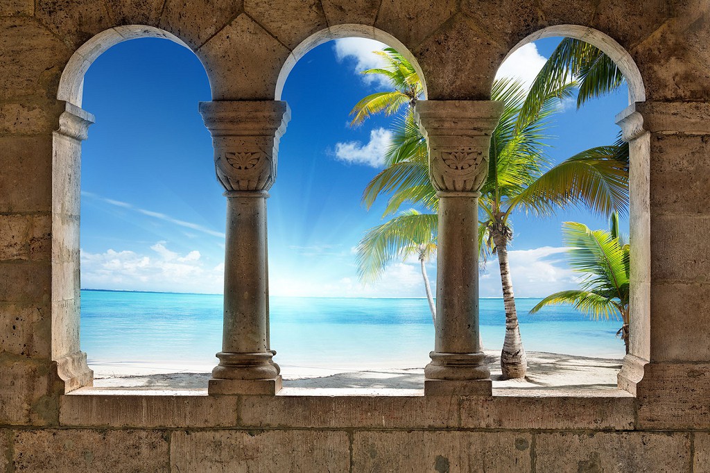 Красивые флизелиновые фотообои Природа Море Пейзаж 416x254 см 3Д Солнечный пляж за тремя арками (773VEXXXL)+клей