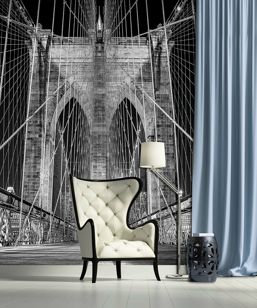 Флізелінові фотошпалери з містом на стіну 206x275 см 3Д Чорно-білий Бруклінський міст у Нью-Йорку (797VEA)+клей