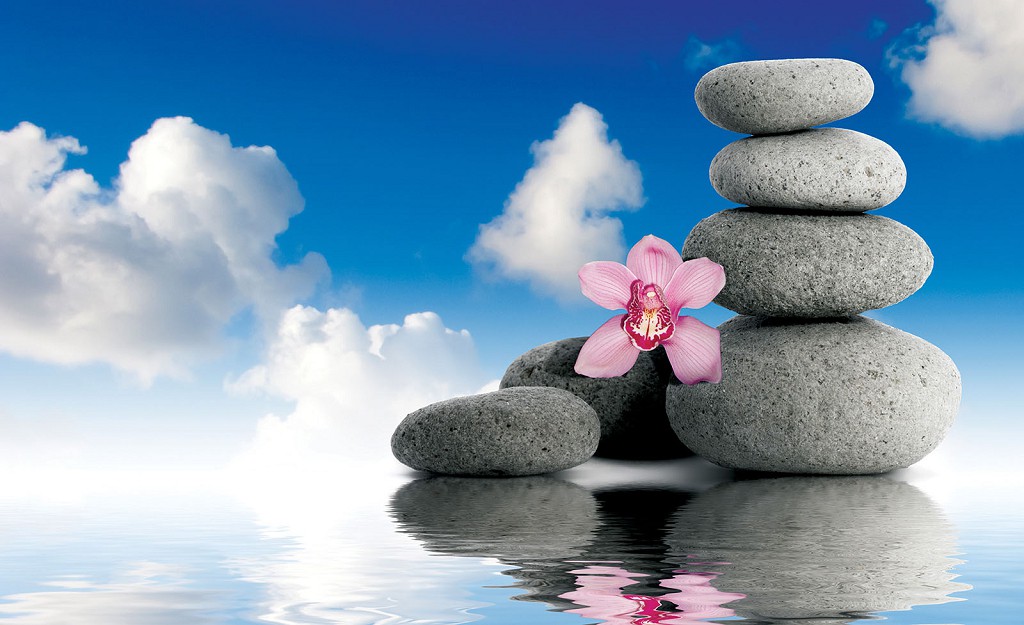 Флизелиновые фотообои для гостиной комнаты фото 368x254 см СПА 3Д Орхидея с камнями на фоне неба (849V8)+клей