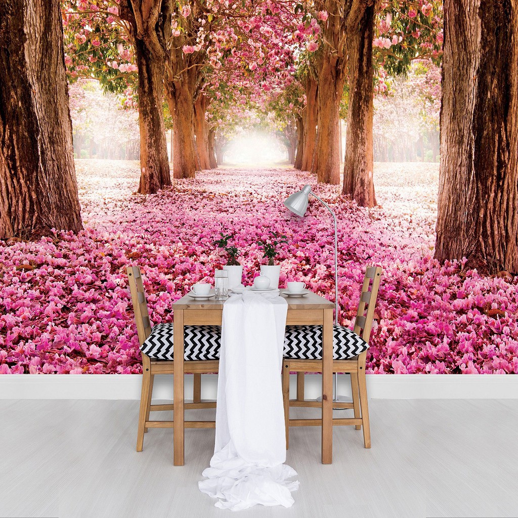 Флізелінові фотошпалери Алея 416x254 см Килим з рожевих пелюсток у лісі (851VEXXXL)+клей