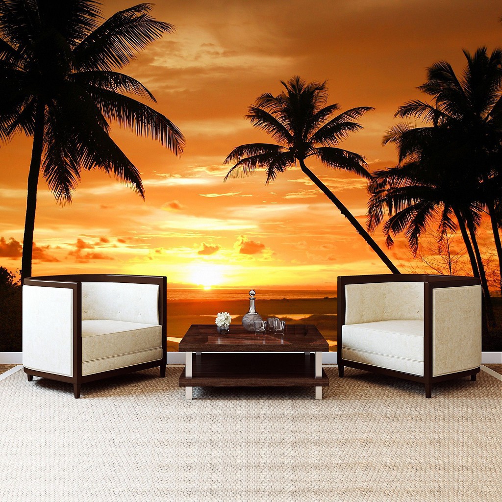 Флізелінові фотошпалери морська тематика 312x219 см Помаранчевий захід сонця на морському пляжі (888VEXXL)+клей