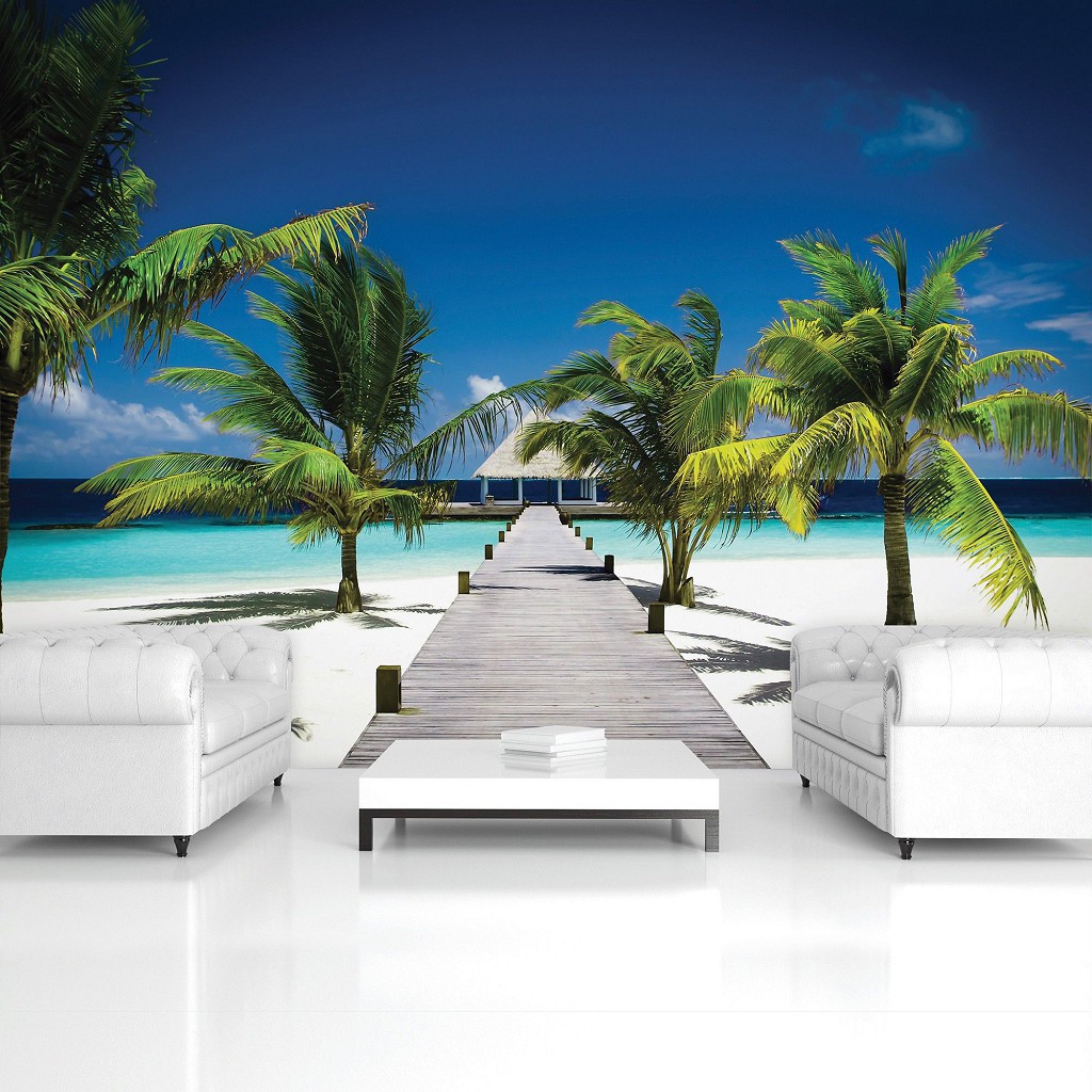 Готові флізелінові фотошпалери Море Природа Краєвид 254x184 см 3д Бунгало біля океану та пальми на пляжі (891V4)+клей