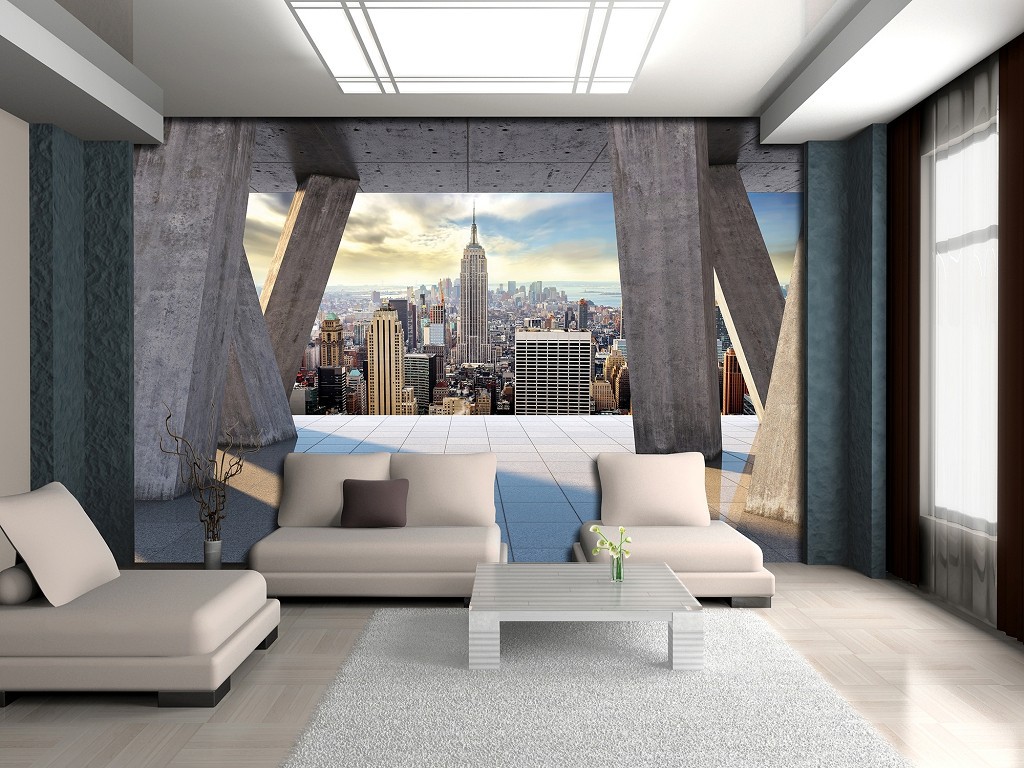 Флізелінові фотошпалери до спальні над ліжком місто 416x254 см Хмарочоси Нью-Йорка за 3D бетонними колонами (3650VEXXXL)+клей