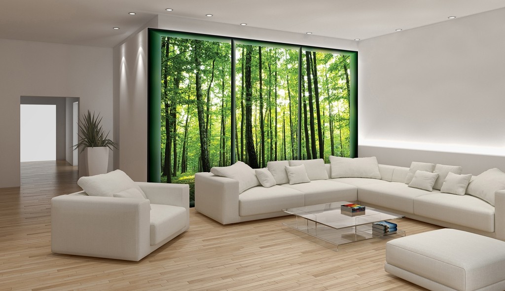 Флизелиновые фотообои 3д для зала 416x254 см Зеленый лес за большим окном (495VEXXXL)+клей