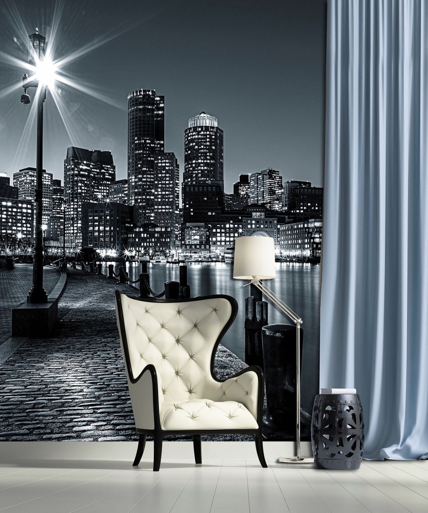 Флізелінові фото шпалери чорно-біла вулиця 184 x 254 см Яскравий ліхтар у нічному місті (275V4A)+клей