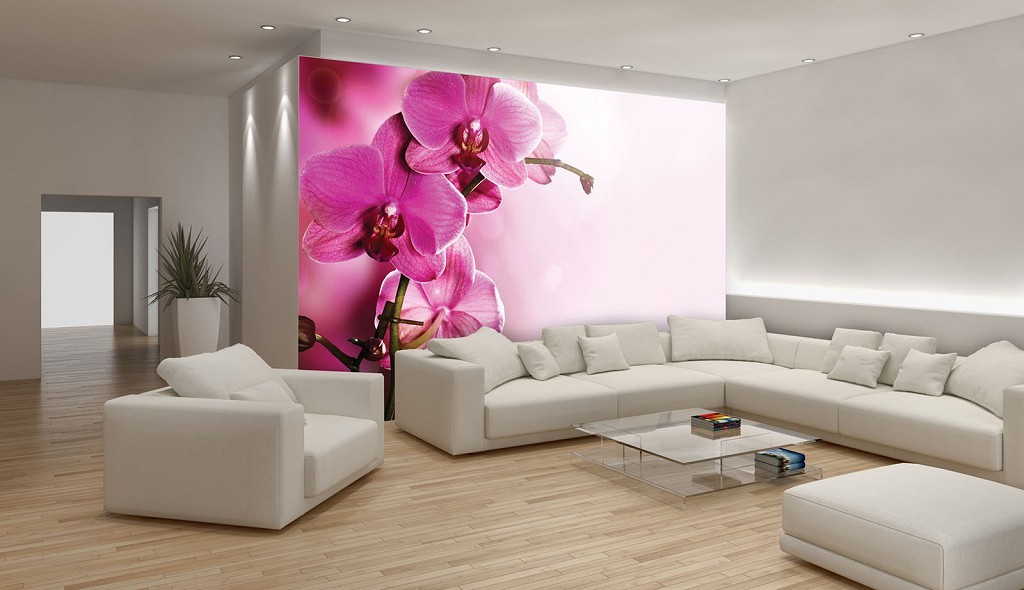 Незвичайні флізелінові фотошпалери 3д для залу квіти 254x184 см Орхідея на рожевий фон (1033V4)+клей
