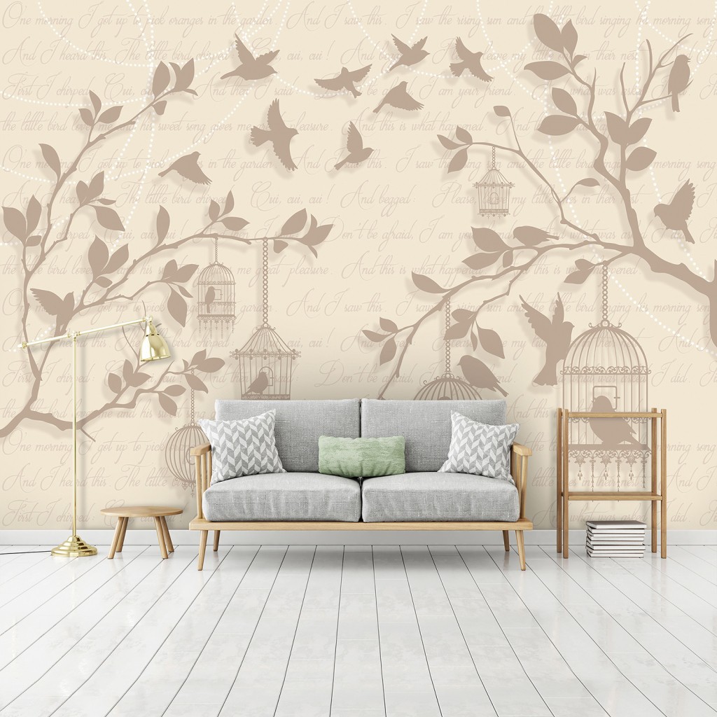Флізелінові фотошпалери для зали 368x254 см Пташки та гілки дерев на світло-бежевому фоні (2777V8)+клей