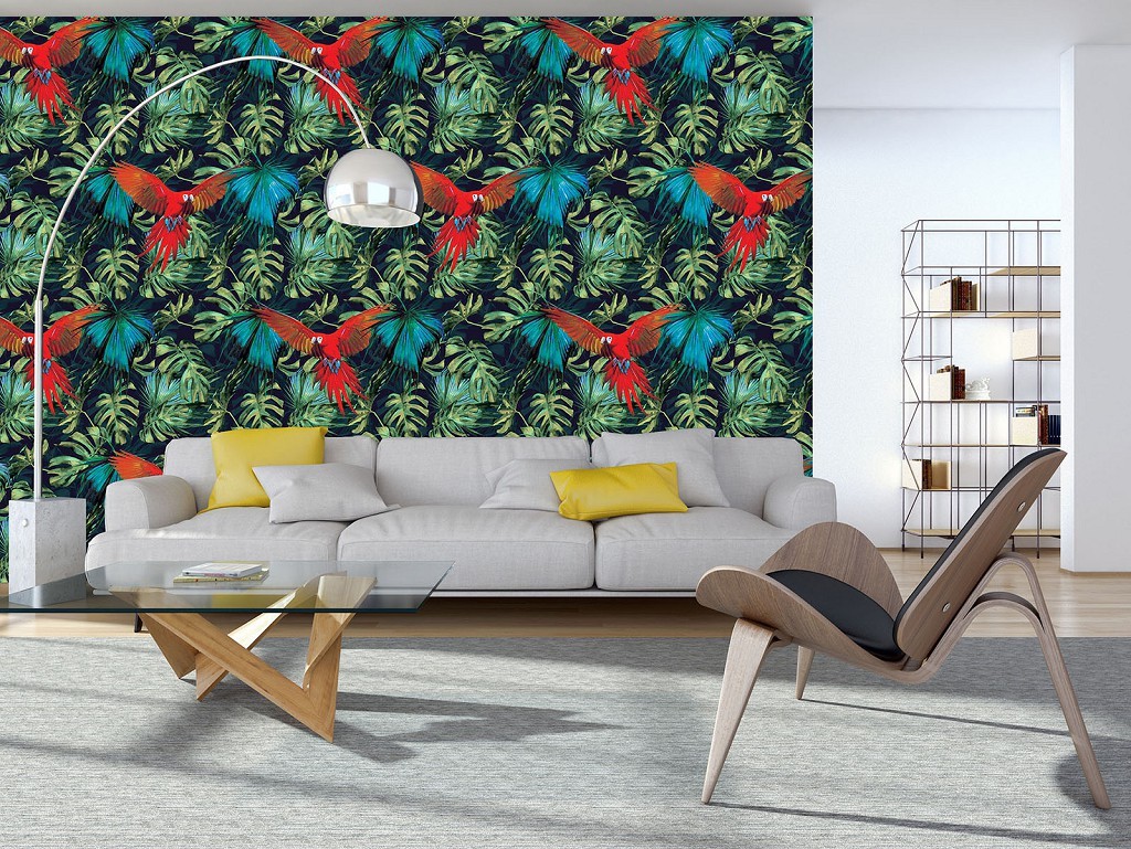 Флізелінові фото шпалери з листя на стіні 254x184 см Папуга (11088V4)+клей