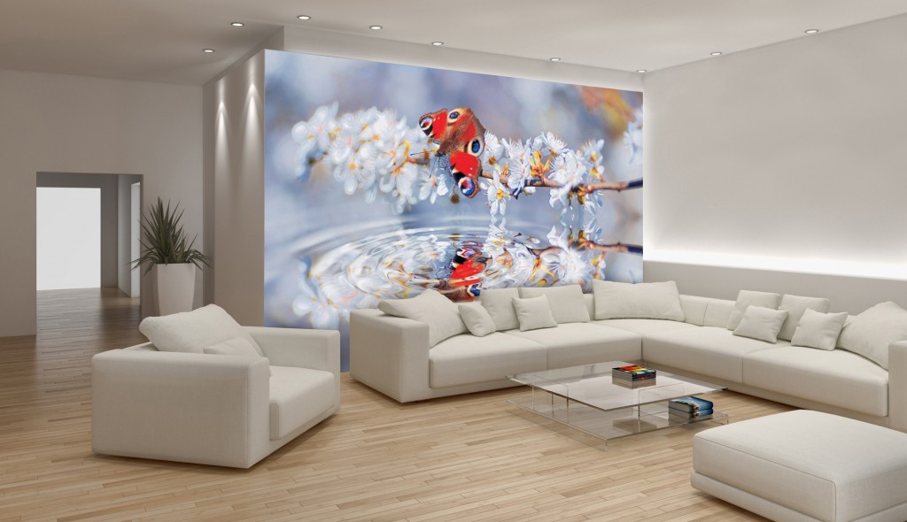 Флізелінові 3D фото шпалери на стіну в зал 368х254 см Відображення метелика та квітів у воді (013V8)+клей