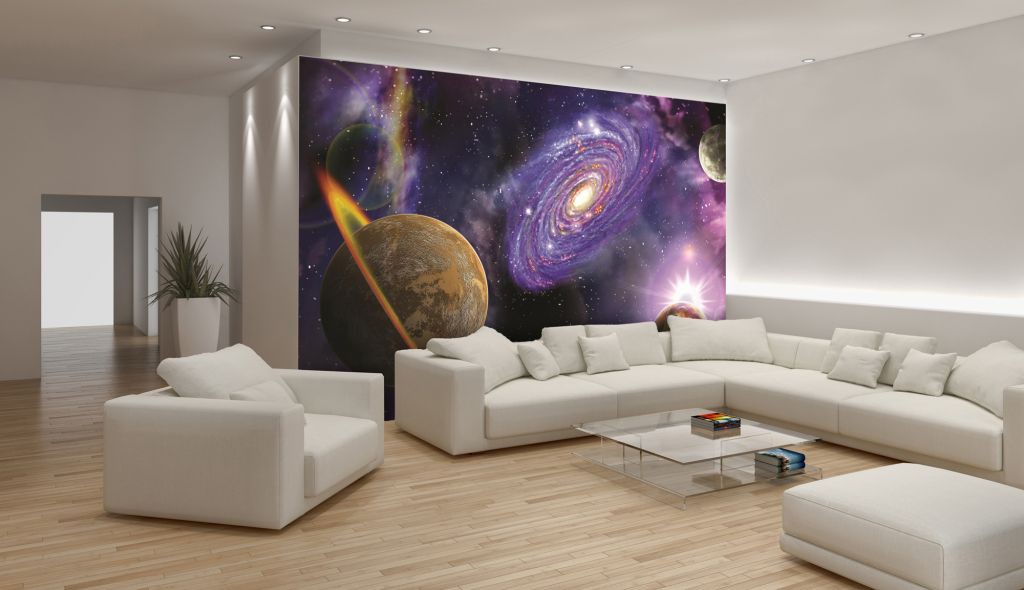 Флізелінові 3д фото шпалери в інтер'єрі космос у дитячу кімнату 312x219 см Три планети галактика та зірки (309VEXXL)+клей