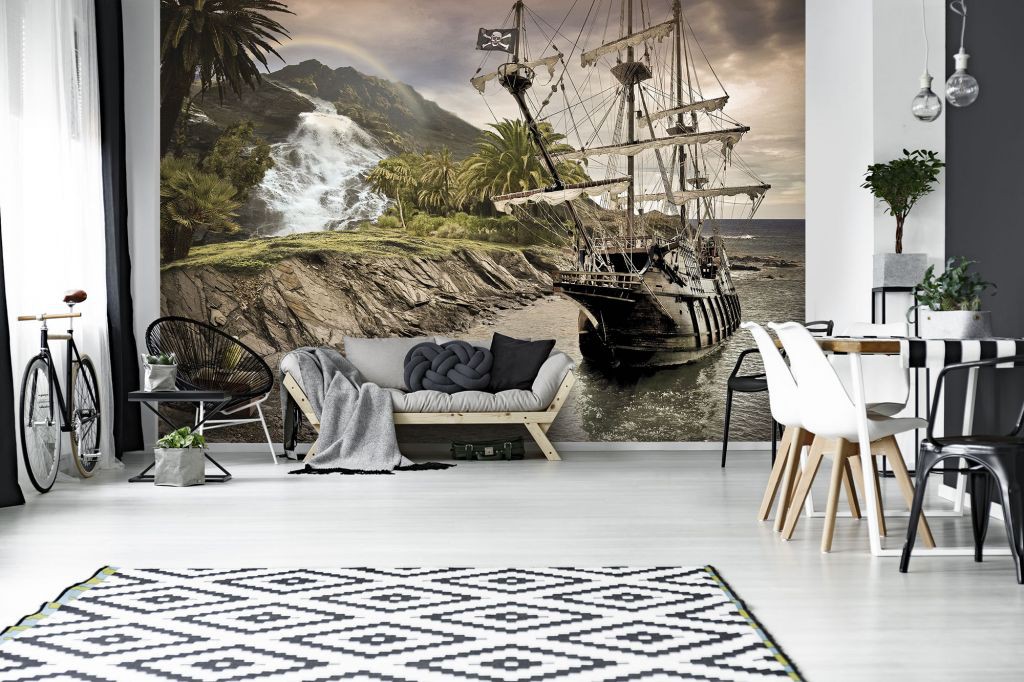 Природа флизелиновые фотообои 416x254 см 3Д Детские для мальчиков Пиратский корабль и остров (2050VEXXXL)+клей