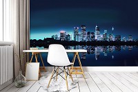 Флизелиновые фотообои в спальню 368x280 см Город Нью-Йорк - Отражение небоскребов на синем фоне (051V10)+клей