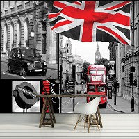 Флизелиновые фотообои город 254x184 см Лондонские улицы и английский флаг (059V4)+клей