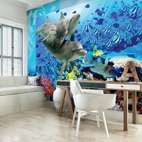 Флизелиновые фотообои для девочек 312x219 см 3Д Дельфины и кораллы (072VEXXL)+клей