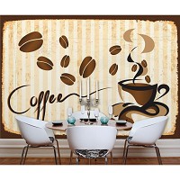 Флизелиновые фотообои кухня 368x254 см Чашка кофе и кофейных зерен на полосатом фоне (10001V8) +клей