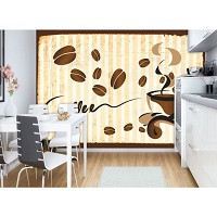 Флизелиновые фотообои на кухню 3д 312x219 см Чашка кофе и кофейных зерен на полосатом фоне (10001VEXXL) +клей