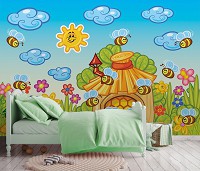 Дитячі флізелінові фотошпалери для стін Казка Квіти Щасливі зайняті бджоли (10008V)+клей