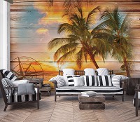 Флизелиновые фотообои море фото пейзаж Пляж и пальмы на досках (10027V)+клей