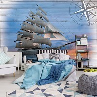 Текстура дерево флизелиновые фотообои парусник 368x254 см Корабль на фоне заката на досках (10029V8) +клей