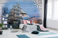 Красиві флізелінові фотошпалери вітрильник 416x254 см Корабель на тлі заходу сонця на дошках (10029VEXXXL) +клей