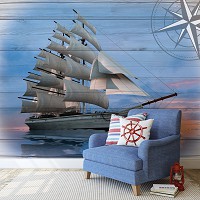 Флизелиновые фотообои парусник 416x290 см Корабль на фоне заката на досках (10029VEXXXXL) +клей