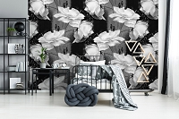 Флизелиновые фотообои с розами в гостиной 416x290 см Белые цветы на черно-сером фоне (10030VEXXXXL) +клей