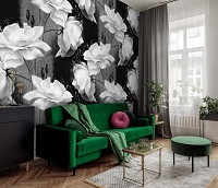 Флизелиновые фотообои 312x219 см Белые цветы на черно-сером фоне (10030VEXXL) +клей